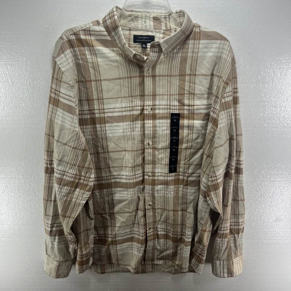 NWT Banana Republic Men's SLIM Untucked Fit Button Down Brown Plaid Shirt XL $70